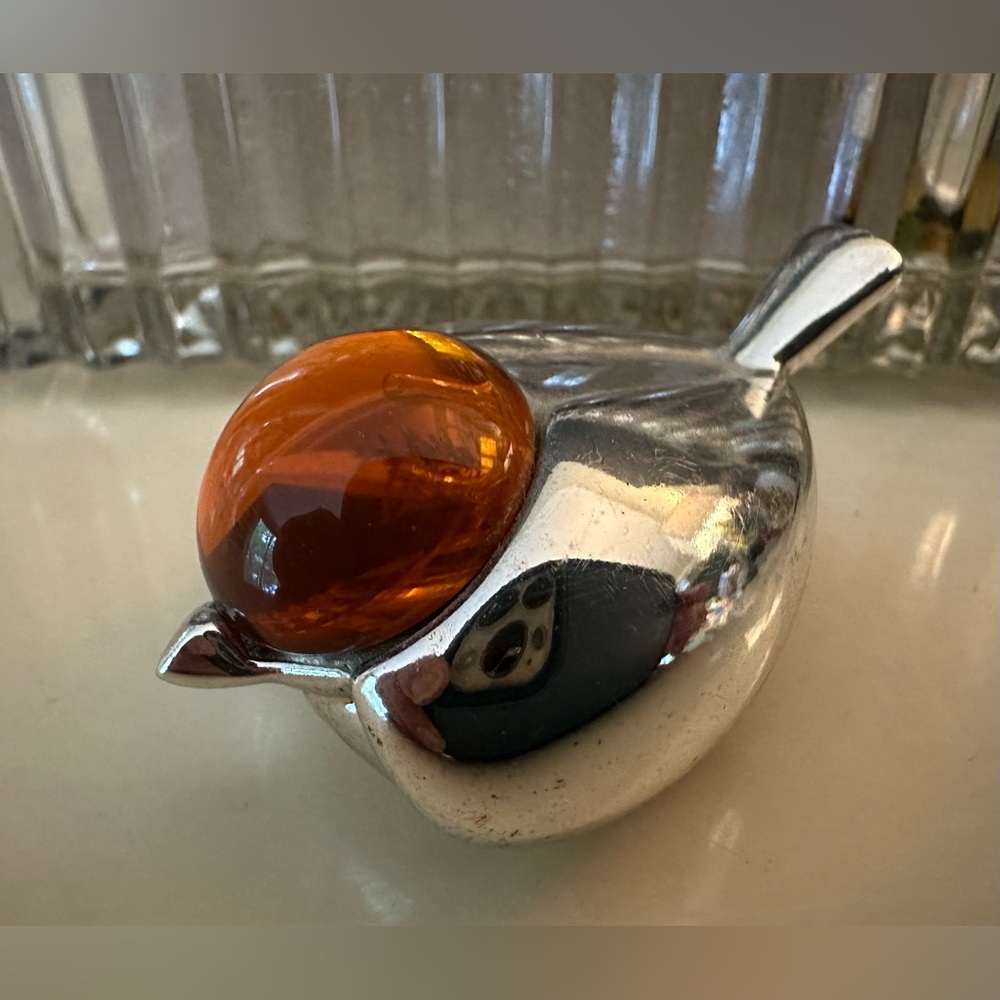 Christofle France Silverplate & Topaz Glass Moineau Sparrow Bird Amber Sculpture